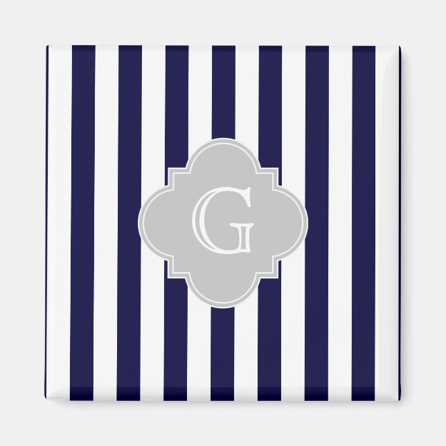 Navy Blue White Strip Lt Gray Quatrefolie Monogram Magnet (Vorne)