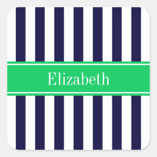 Navy Blue White Stripe Emerald Green Name Monogram Quadratischer Aufkleber