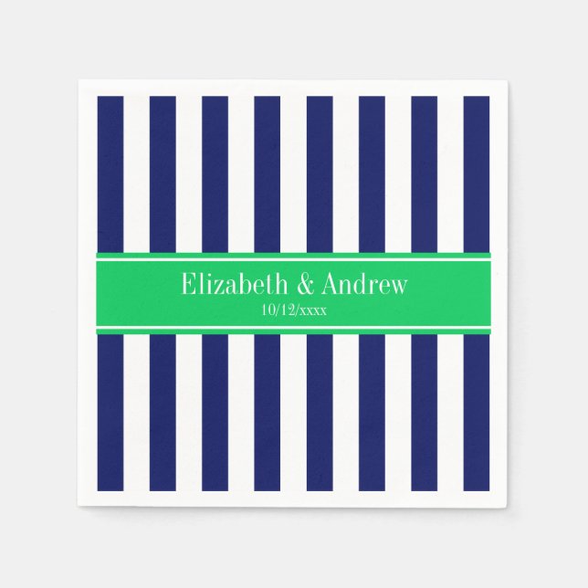 Navy Blue White Stripe Emerald Green Name Monogram Serviette (Vorderseite)