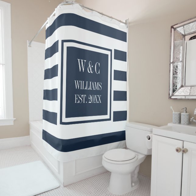 Navy Blue White Stripe Stilvolle Trendy Monogram Duschvorhang (Beispiel)