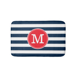 Navy Blue White Stripes Minimal Bold Red Monogram Badematte