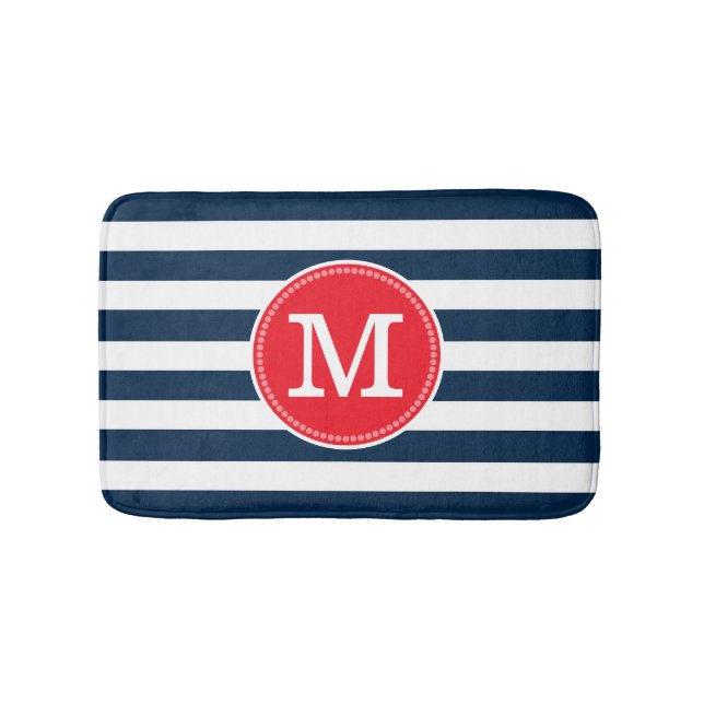 Navy Blue White Stripes Minimal Bold Red Monogram Badematte (Vorderseite)
