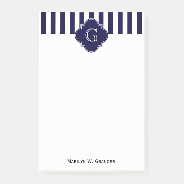 Navy Blue White Stripes Navy Label Monogram Post-it Klebezettel (Vorderseite)