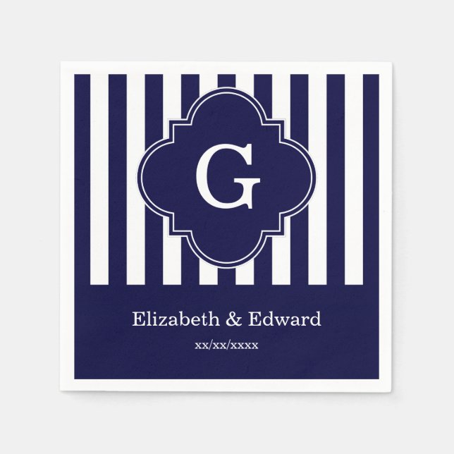 Navy Blue White Stripes Navy Label Monogram Serviette (Vorderseite)