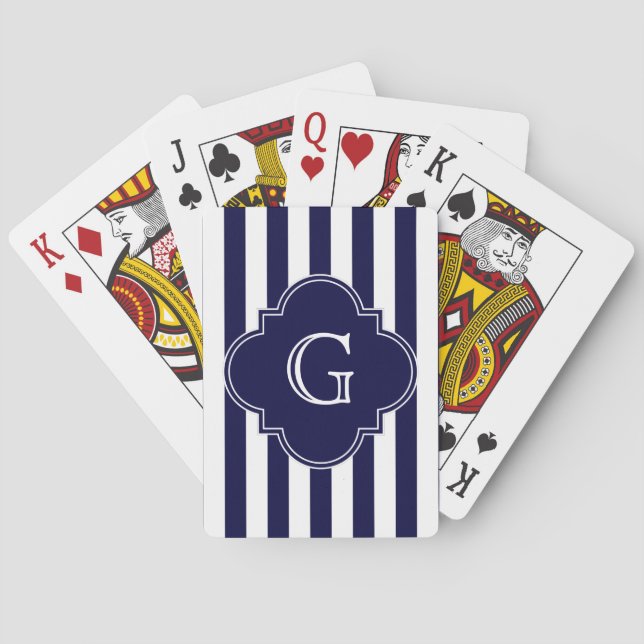 Navy Blue White Stripes Navy Label Monogram Spielkarten (Rückseite)