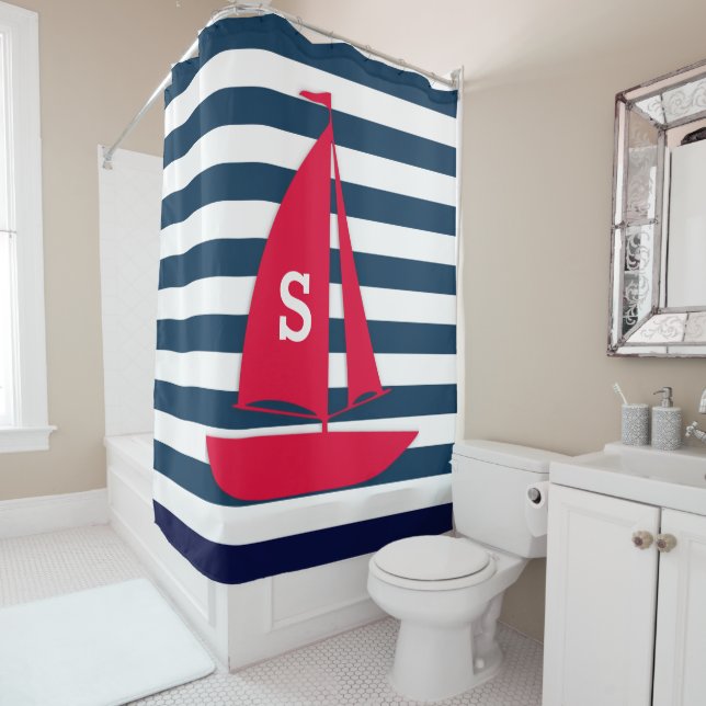 Navy Blue White Striping Monogram Red Boat Nautic Duschvorhang (Beispiel)