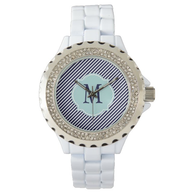 Navy Blue & White Striping Muster Armbanduhr (Vorderseite)