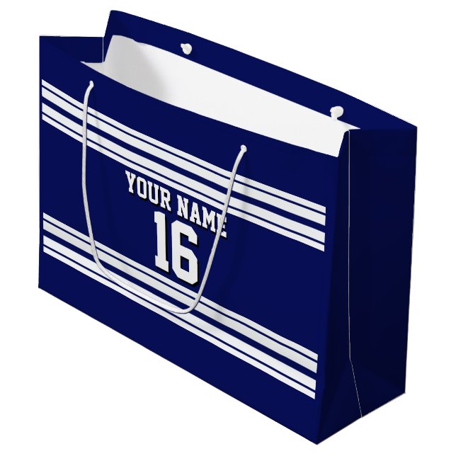 Navy Blue White Team Jersey Name Große Geschenktüte (Vorderseite Schrägansicht)