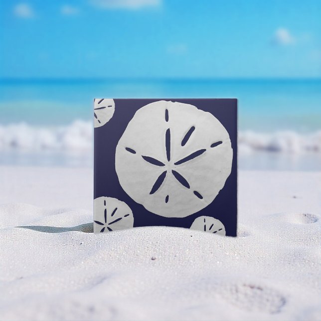 Navy Blue & White Tropical Beach Sand Dollar Fliese (Von Creator hochgeladen)