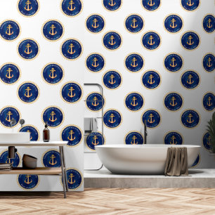 Navy Blue White w/Yellow Boat Anchor Monogram Tapete