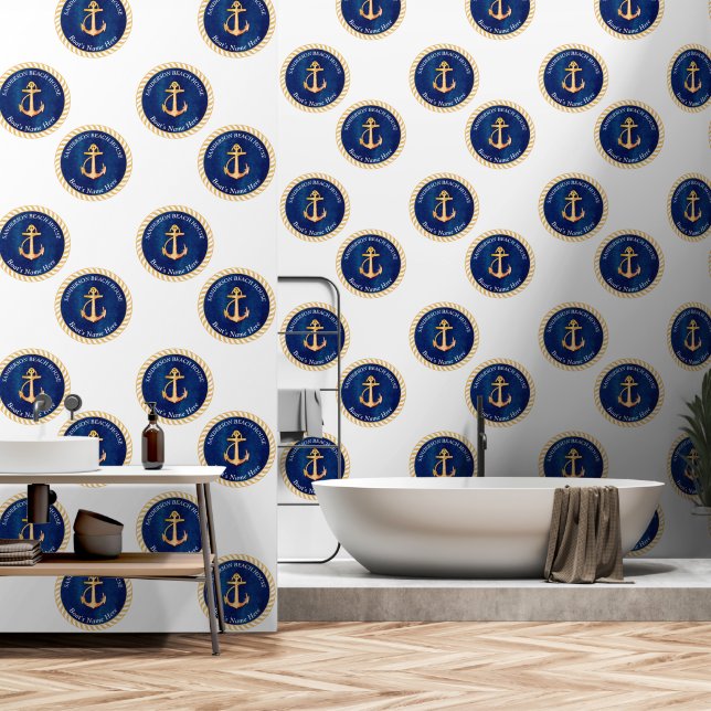 Navy Blue White w/Yellow Boat Anchor Monogram Tapete (Badezimmer)
