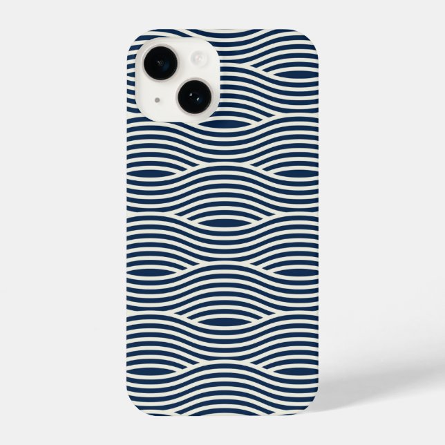 Navy Blue & White Wavy Muster iPhone 14 Hülle (Rückseite)