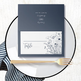 Navy Blue White Wildblume Floral Minimal Bold Platzkarte