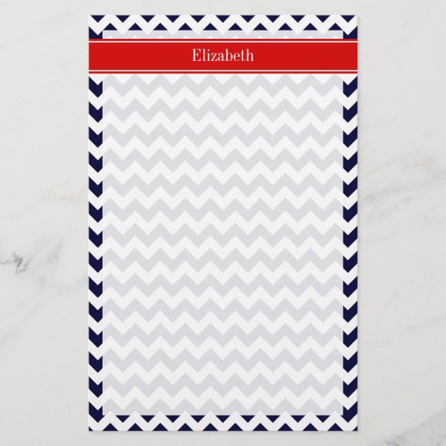 Navy Blue White Zickzack Zig Zag Red Name Monogram Briefpapier (Vorderseite)