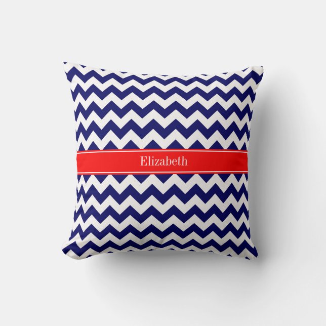 Navy Blue White Zickzack Zig Zag Red Name Monogram Kissen (Vorderseite)