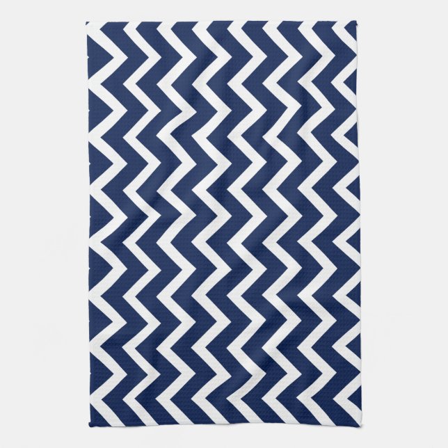 Navy Blue & White Zickzack Zigzag Muster Handtuch (Vertikal)