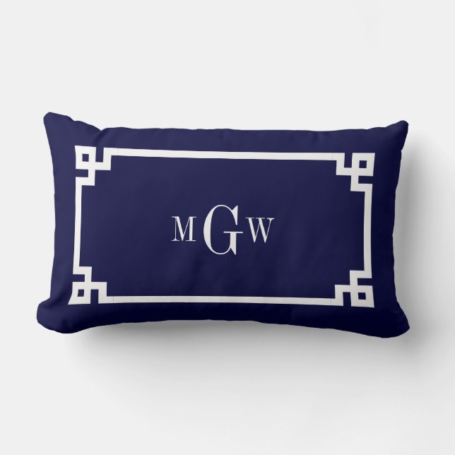 Navy Blue Whites griechischer Key #2 Gerahmt 3 Ini Lendenkissen (Vorderseite)