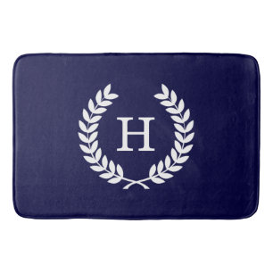 Navy Blue Wht Wheat Laurel Wreath Initial Monogram Badematte