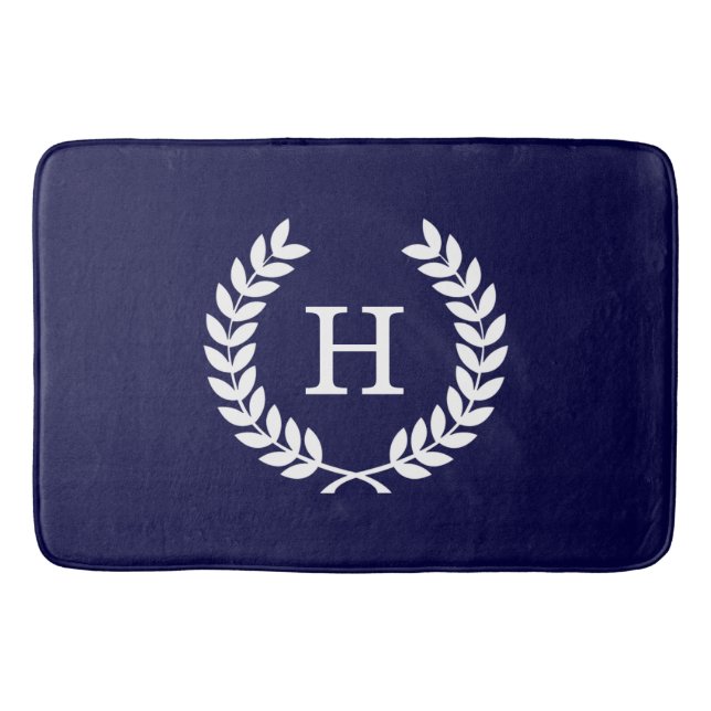 Navy Blue Wht Wheat Laurel Wreath Initial Monogram Badematte (Vorderseite)