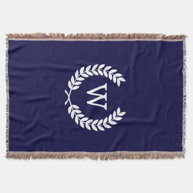 Navy Blue Wht Wheat Laurel Wreath Initial Monogram Decke (Vorderseite)