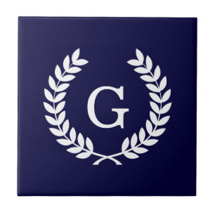 Navy Blue Wht Wheat Laurel Wreath Initial Monogram Fliese