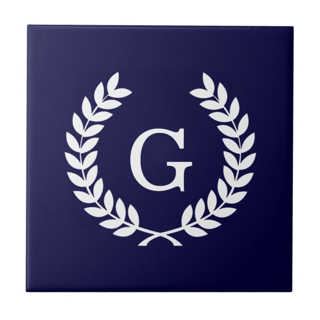 Navy Blue Wht Wheat Laurel Wreath Initial Monogram Fliese (Vorderseite)