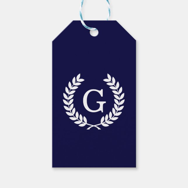 Navy Blue Wht Wheat Laurel Wreath Initial Monogram Geschenkanhänger (Vorderseite)