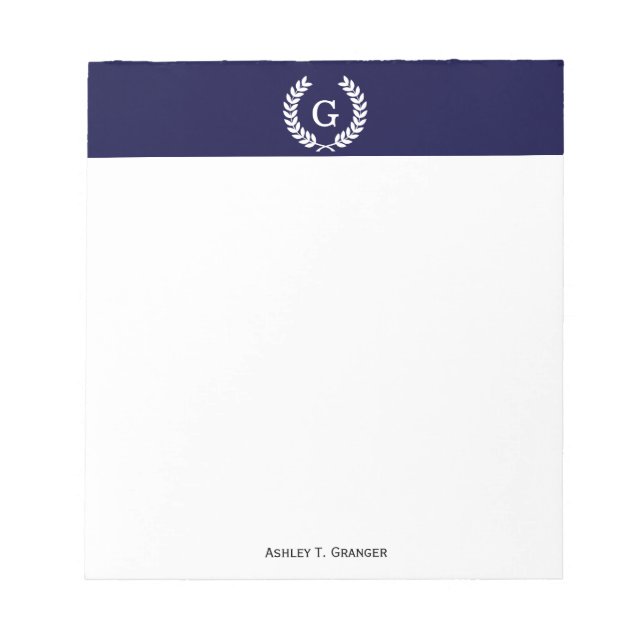 Navy Blue Wht Wheat Laurel Wreath Initial Monogram Notizblock (Vorderseite)