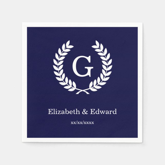 Navy Blue Wht Wheat Laurel Wreath Initial Monogram Serviette (Vorderseite)