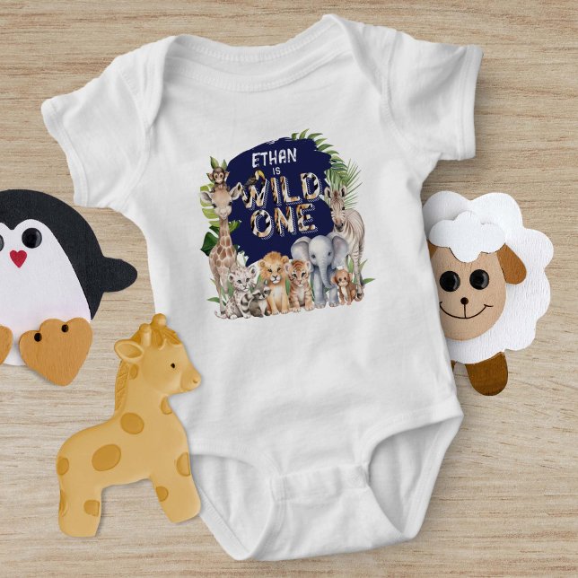 Navy Blue Wild One Animals Safari Thema 1. Geburt Baby Strampler (Von Creator hochgeladen)