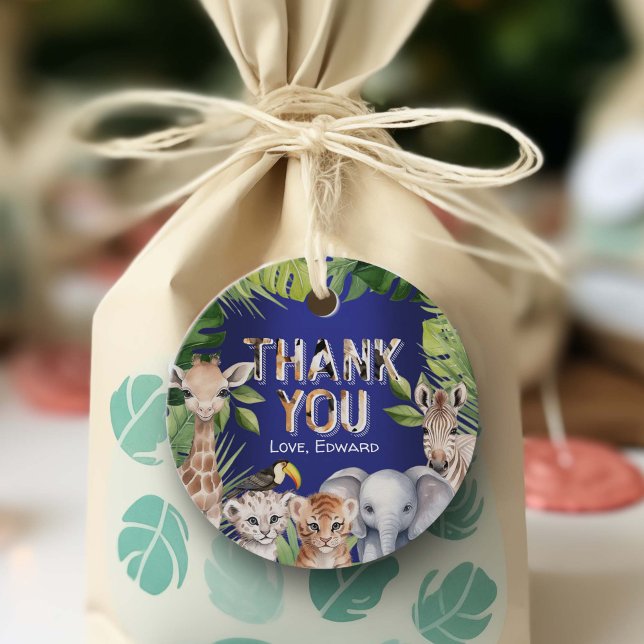 Navy Blue, Wild One Safari Dschungel Junge 1. Gebu Geschenkanhänger (Navy Blue WIld ONe Safari Themed Birthday Thank You Favor tags)