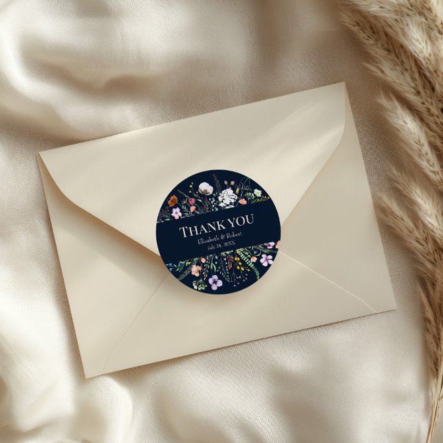 Navy Blue Wildblume Meadow Wedding Vielen Dank Runder Aufkleber (Navy Blue Wildflower Meadow Wedding Thank You Classic Round Sticker on an elegant wedding envelope)