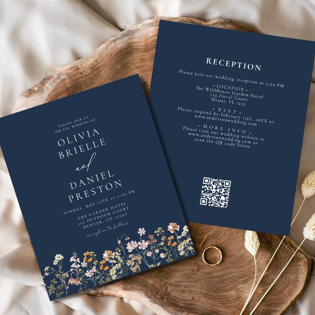 Navy Blue Wildblume QR Code Garden Wedding Flyer (Von Creator hochgeladen)