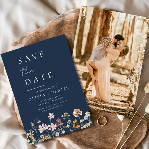 Navy Blue Wildblumen Foto Boho Save the Date