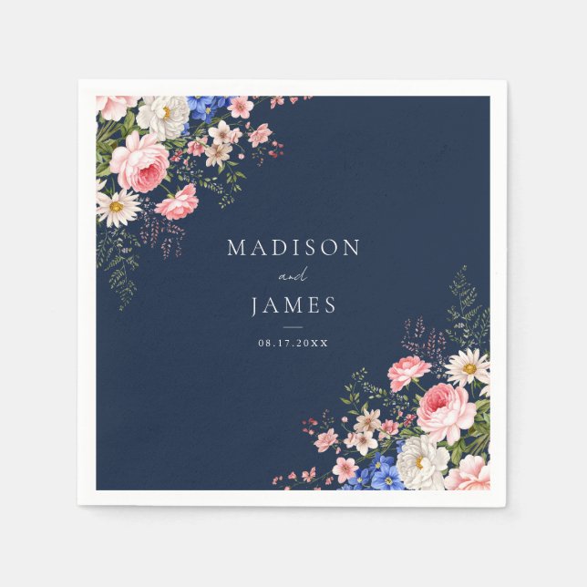 Navy Blue Wildflower Floral Wedding Serviette (Vorderseite)