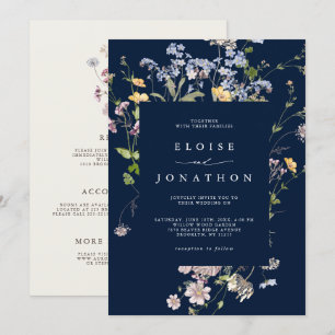 Navy Blue Wildflower-Garten-Details Hochzeit Einladung