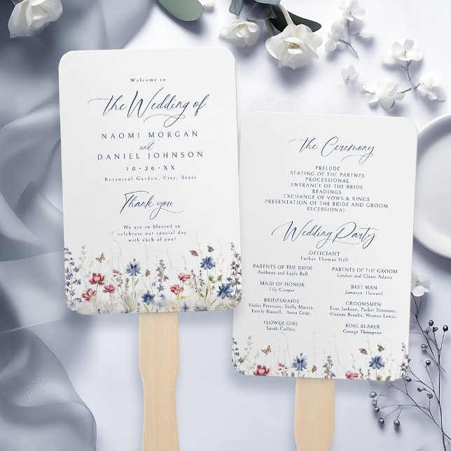 Navy Blue Wildflower Rustic Wedding Programs Fächer (Navy Blue Wildflower Rustic Wedding Programs Hand Fan)