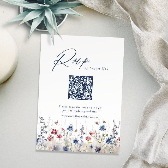Navy Blue Wildflower Rustic Wedding QR code RSVP Karte (Navy Blue Wildflower Rustic Wedding QR code RSVP Card)