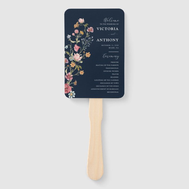 Navy Blue Wildflowers Wedding Program Hand Fan Fächer (Vorderseite)