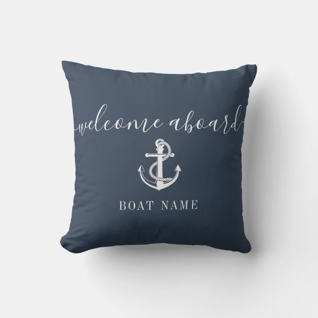 Navy Blue Willkommens-Schiff Name Anker Kissen (Vorderseite)