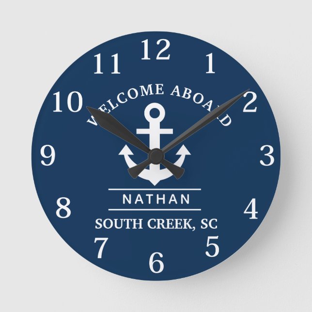 Navy Blue Willkommensstufe Individuelle Name Runde Wanduhr (Vorderseite)