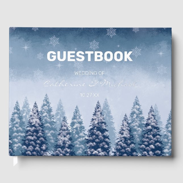 Navy Blue Winter Wonderland Pine Christmas Gästebuch (Vorderseite)