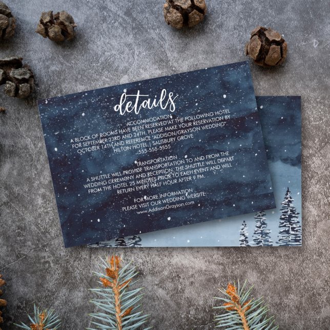 Navy Blue Wintery Watercolor Night Wedding Detail Begleitkarte (Winter wonderland watercolor snow night wedding detail card for and elegant winter wedding.)