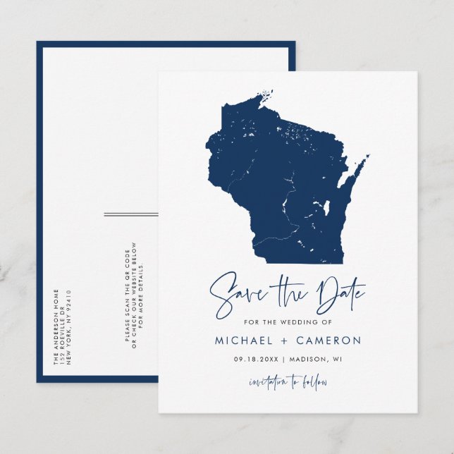 Navy Blue Wisconsin Karte QR-Code Save the Date (Vorne/Hinten)