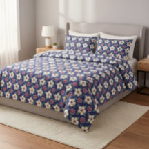 Navy Blue with Cream Flowers Pillow Case
