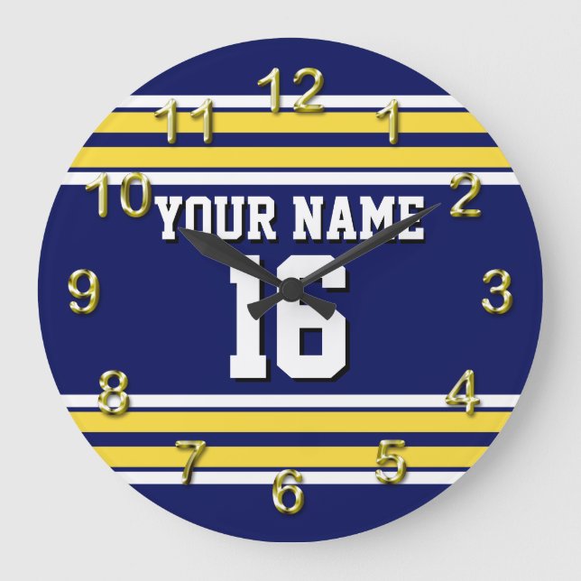 Navy Blue with Yellow White Stripes Team Jersey Große Wanduhr (Vorderseite)