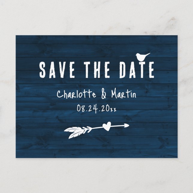 Navy Blue Wood Arrow Boho Hochzeit speichern Datum Postkarte (Vorderseite)