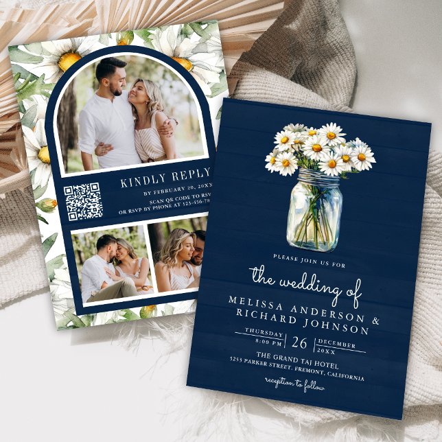 Navy Blue Wood Daisies Mason Jar QR Code Wedding Einladung (Von Creator hochgeladen)