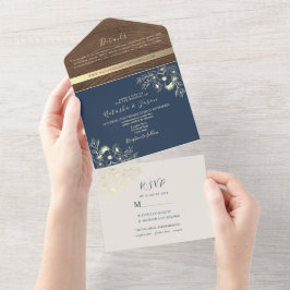 Navy Blue Wood Foto All-in-One Hochzeit Einladung