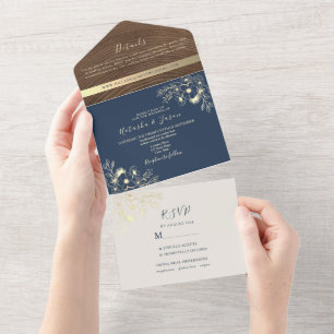 Navy Blue Wood Foto All-in-One Hochzeit Einladung